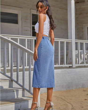 High-Waisted Denim Skirt with Middle Split